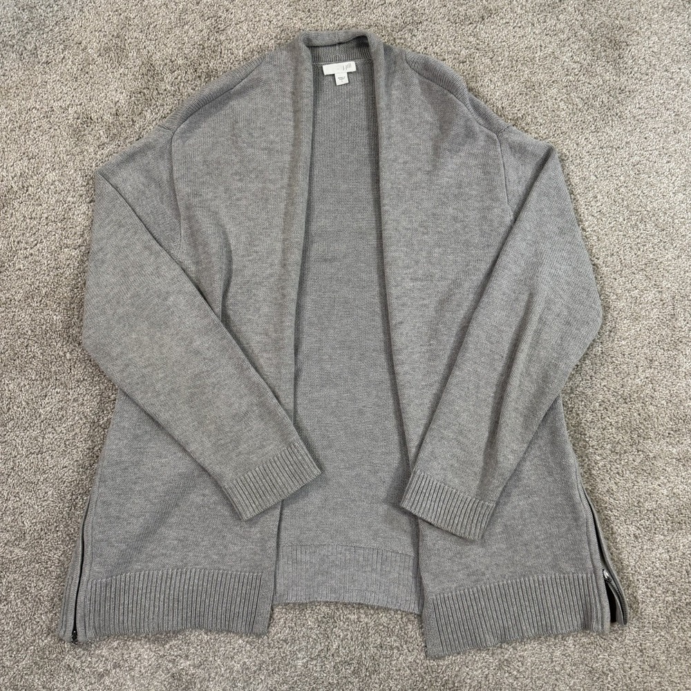 J Jill‎ Open Front Cardigan Sweater L Gray Cotton Blend Zip Hem Casual Knit